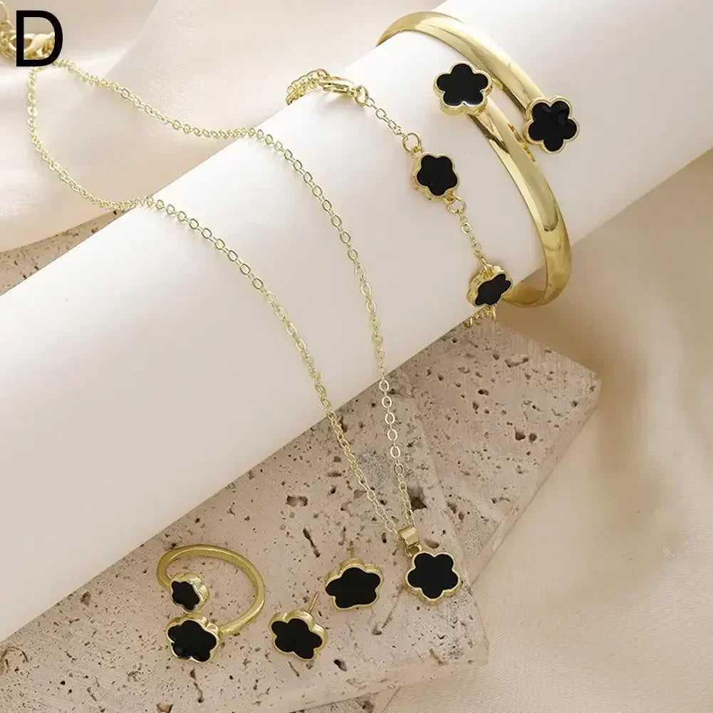 5Pcs Lucky Five-petal Flower Clover Earrings Necklace Ring Bracelet Five-piece for Woman Fashionable Accessories Party Jewelry