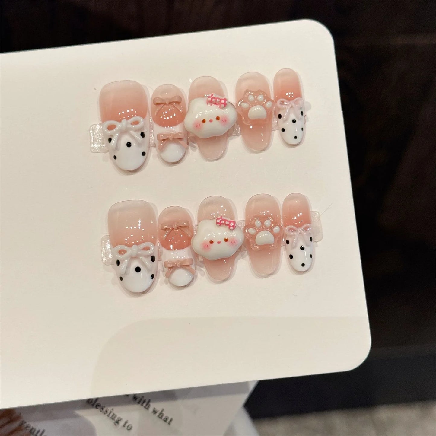 Handmade Press on Nails with Cute Bear Paw Design Light Blue Fake Nails Full Cover Wearable Sweet Korean Almond False Nail Tips