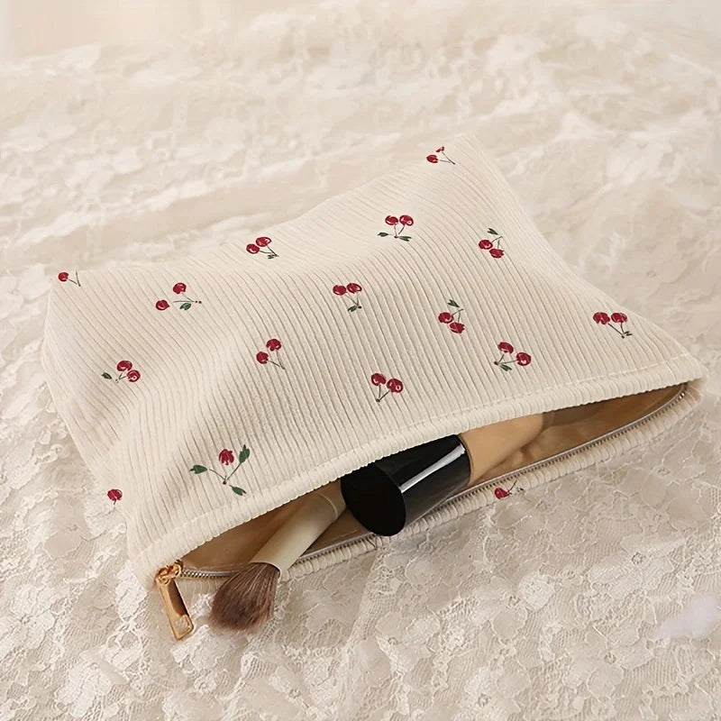 Fashion Cherry Printed Corduroy Makeup Bag Large Capacity Lightweight Zipper Makeup Storage Box Multifunctional Bag with Lining