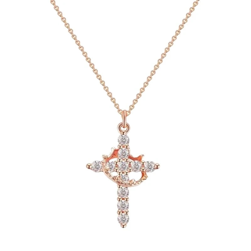 Stainless Steel Chain Copper Cross Pendant Necklace for Women Luxury Zircon Cross Rotatable Crown Necklace Jewelry Drop Shipping