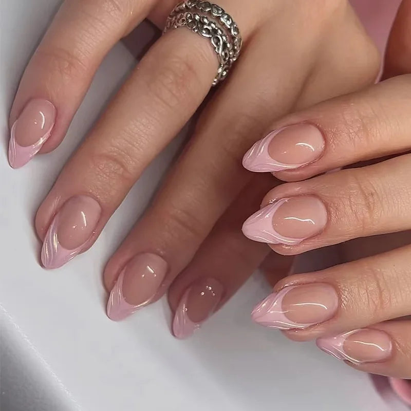 24Pcs Long 3D French Press on Fake Nails Blue Shell Design False Nails with White Pearl Wearable Almond Full Cover Nail Art Tips