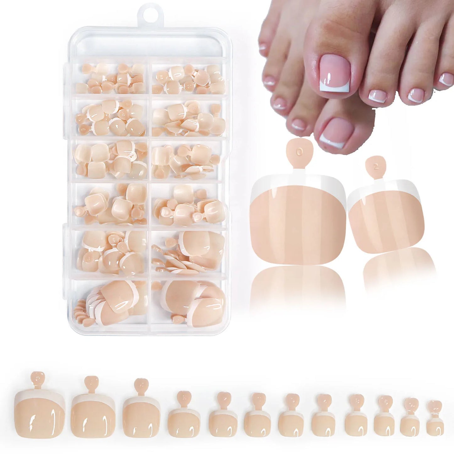120Pcs Glossy Nude Pink French Press-On-Toenail Set 1*Box Short French Square Fake Toe Nails Solid-Color Manicure Toenails Tips
