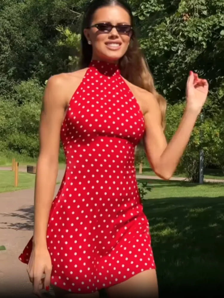 Halter Dot Printed Dresses For Women Fashion Sexy Streetwear Backless Sleeveless O-Neck Sheath Mini Vestidos Robes Female Slim