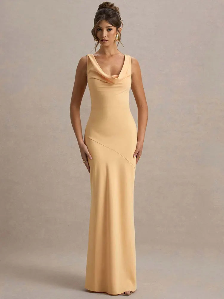 GACVGA Satin Elegant Maxi Evening Dress Women Sleeveless Slim Robe Gowns Sexy Bodycon Club Party Long Dresses Vestido