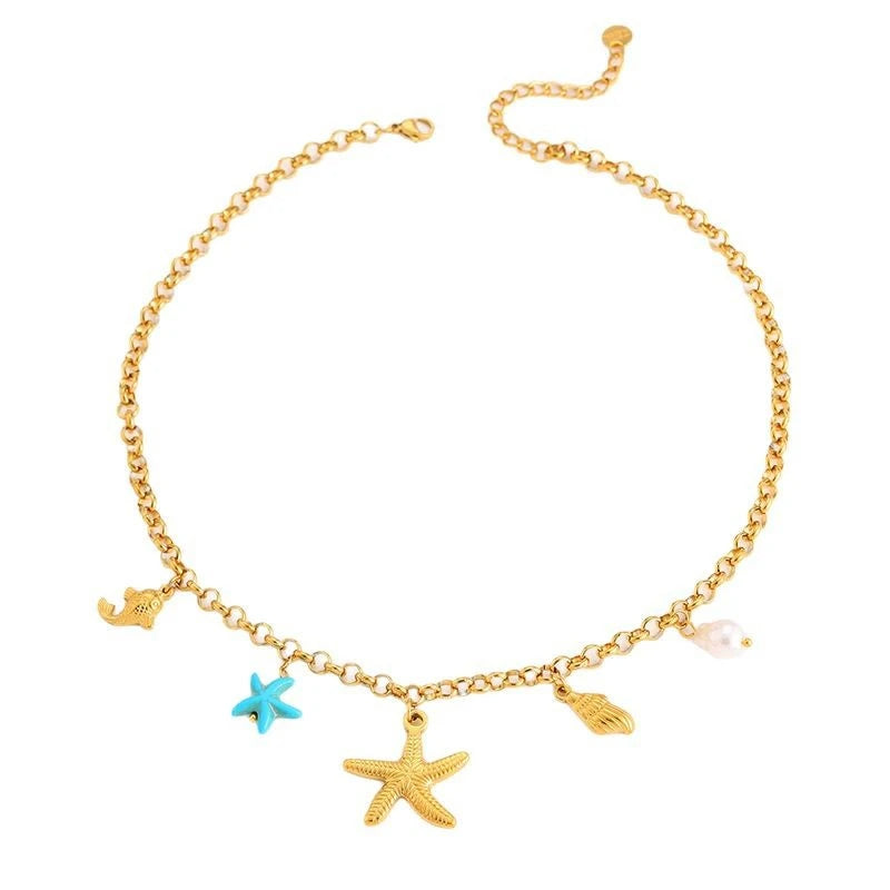 316L Stainless Steel New Fashion Jewelry 18K Gold-plated Tropical Ocean Fish Starfish Conch Charm Chain Women Choker Necklaces