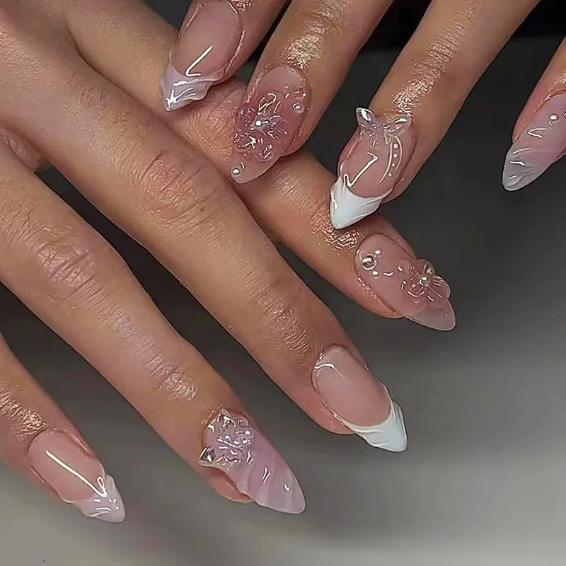 24Pcs Long 3D French Press on Fake Nails Blue Shell Design False Nails with White Pearl Wearable Almond Full Cover Nail Art Tips