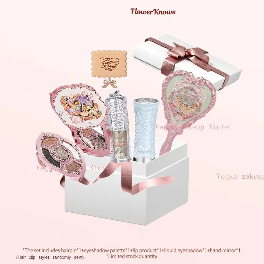 Flower Knows Makeup Set Eye Shadow Lipstick Swan Liquid Eyeshadow Hand Mirrors Hairpin Brush Gift Box For Girlfriend