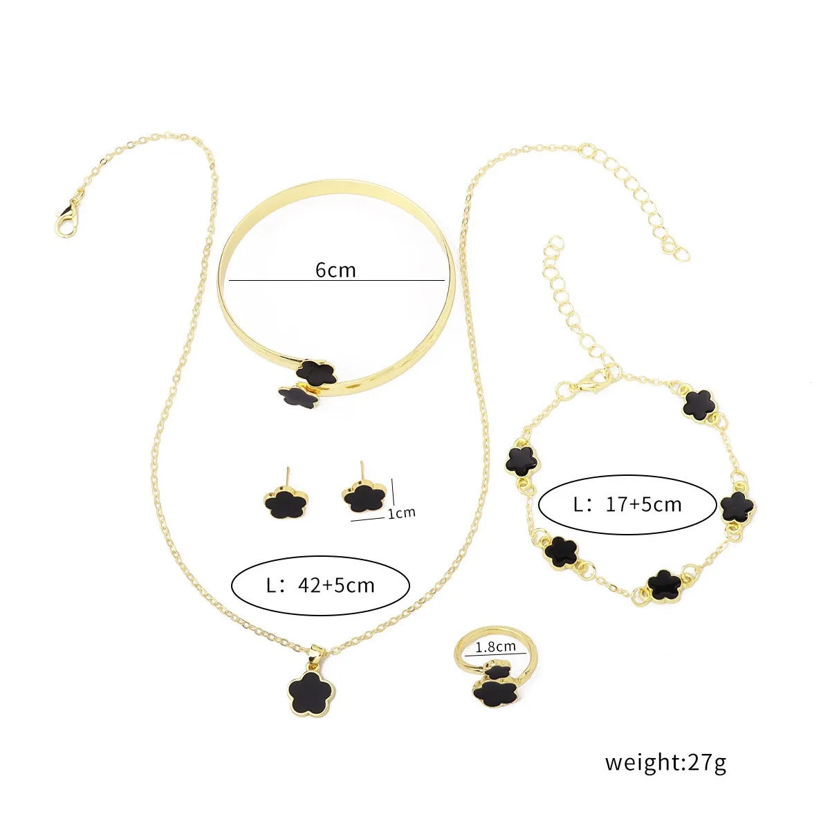 5Pcs Lucky Five-petal Flower Clover Earrings Necklace Ring Bracelet Five-piece for Woman Fashionable Accessories Party Jewelry