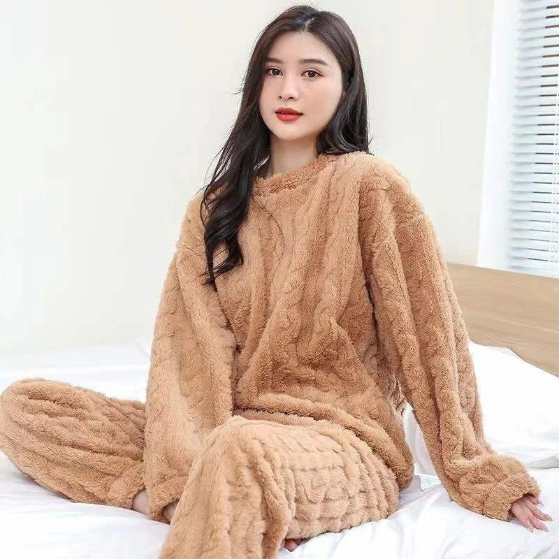 Thickened Warm Sleepwear for Women Flannel Suit with Fleece Lining Ladies Pajamas Sets Homewear Nightwear Warm Long-Sleeve Pants