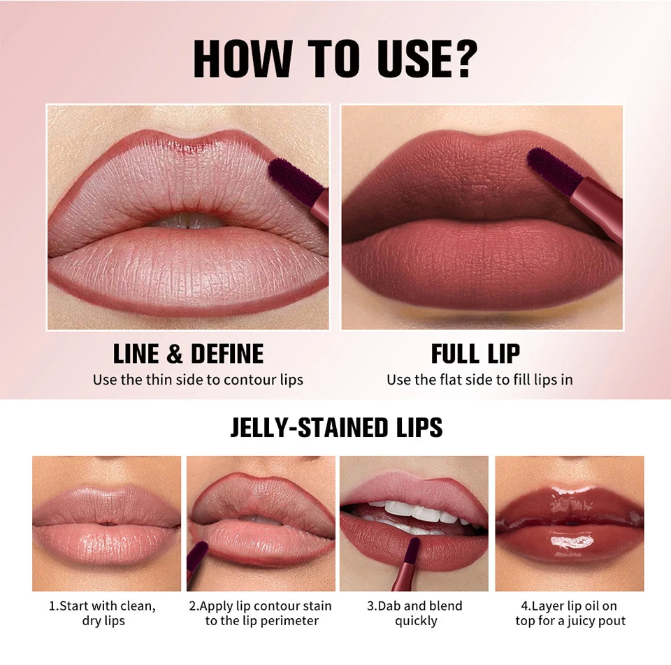 Long-lasting Lip Contour Lip Stain 2 In 1 Smudge-proof Lip Liner Pencil Ultra Pigmented Dual-Sided Design Non-Stick Cup Makeup