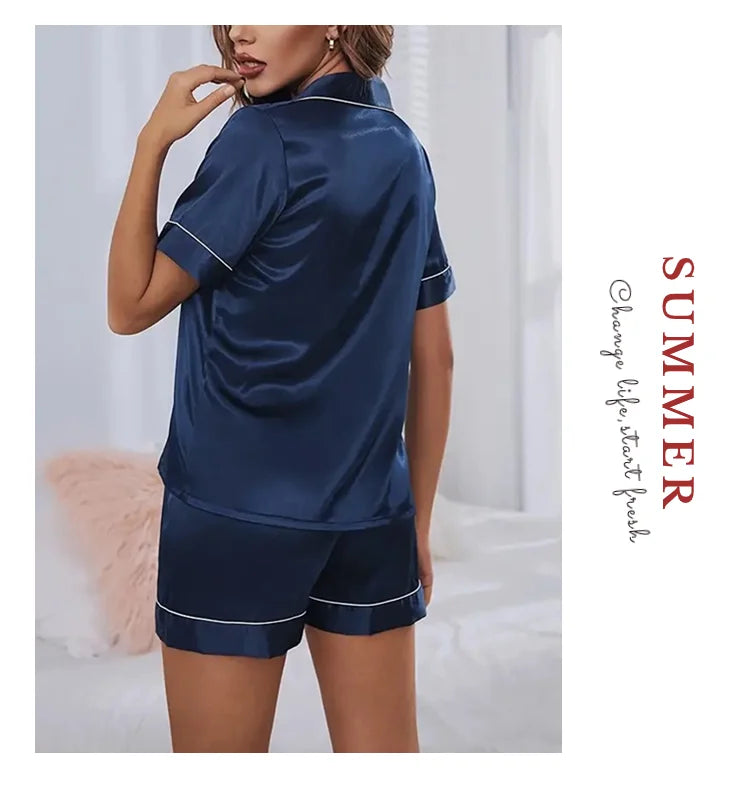 2026 Women Satin Pajamas Set 2-piece Pj Sets Sleepwear Loungewear Button-Down Pajama Women Pajamas Pijama Homewear Shorts Set