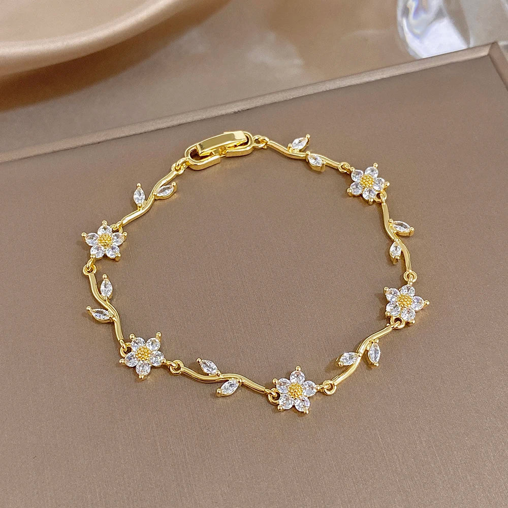Greatera Tide Multiple Color Flower Rhinestone Branch Leaf Bracelet Dopamine Niche Sense Stainless Steel Women's Bangle Gifts