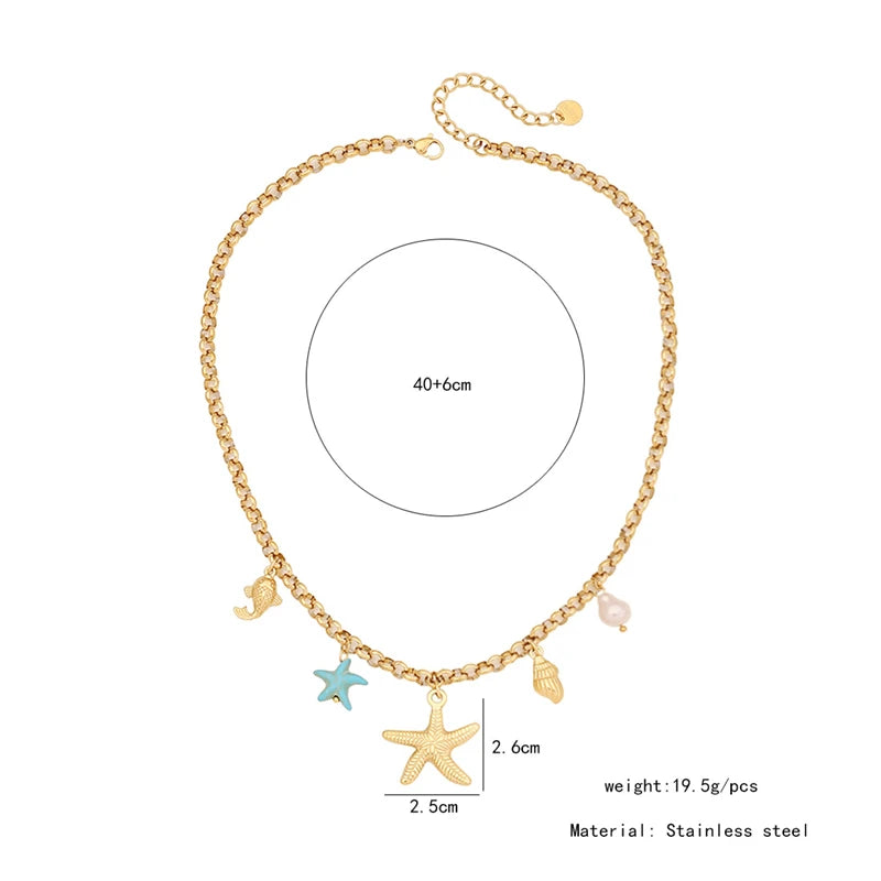 316L Stainless Steel New Fashion Jewelry 18K Gold-plated Tropical Ocean Fish Starfish Conch  Charm Chain Women Choker Necklaces