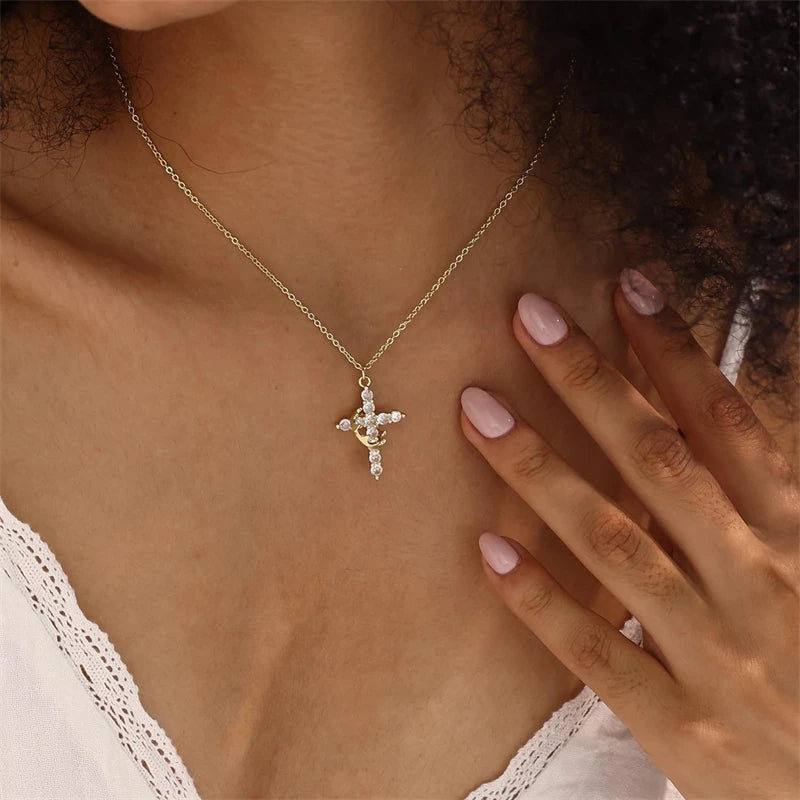 Stainless Steel Chain Copper Cross Pendant Necklace for Women Luxury Zircon Cross Rotatable Crown Necklace Jewelry Drop Shipping
