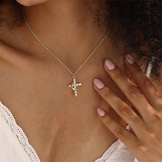 Stainless Steel Chain Copper Cross Pendant Necklace for Women Luxury Zircon Cross Rotatable Crown Necklace Jewelry Drop Shipping