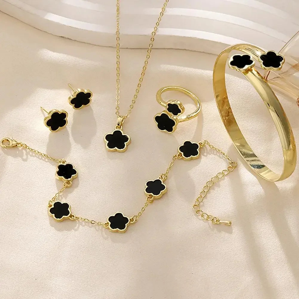 5Pcs Lucky Five-petal Flower Clover Earrings Necklace Ring Bracelet Five-piece for Woman Fashionable Accessories Party Jewelry