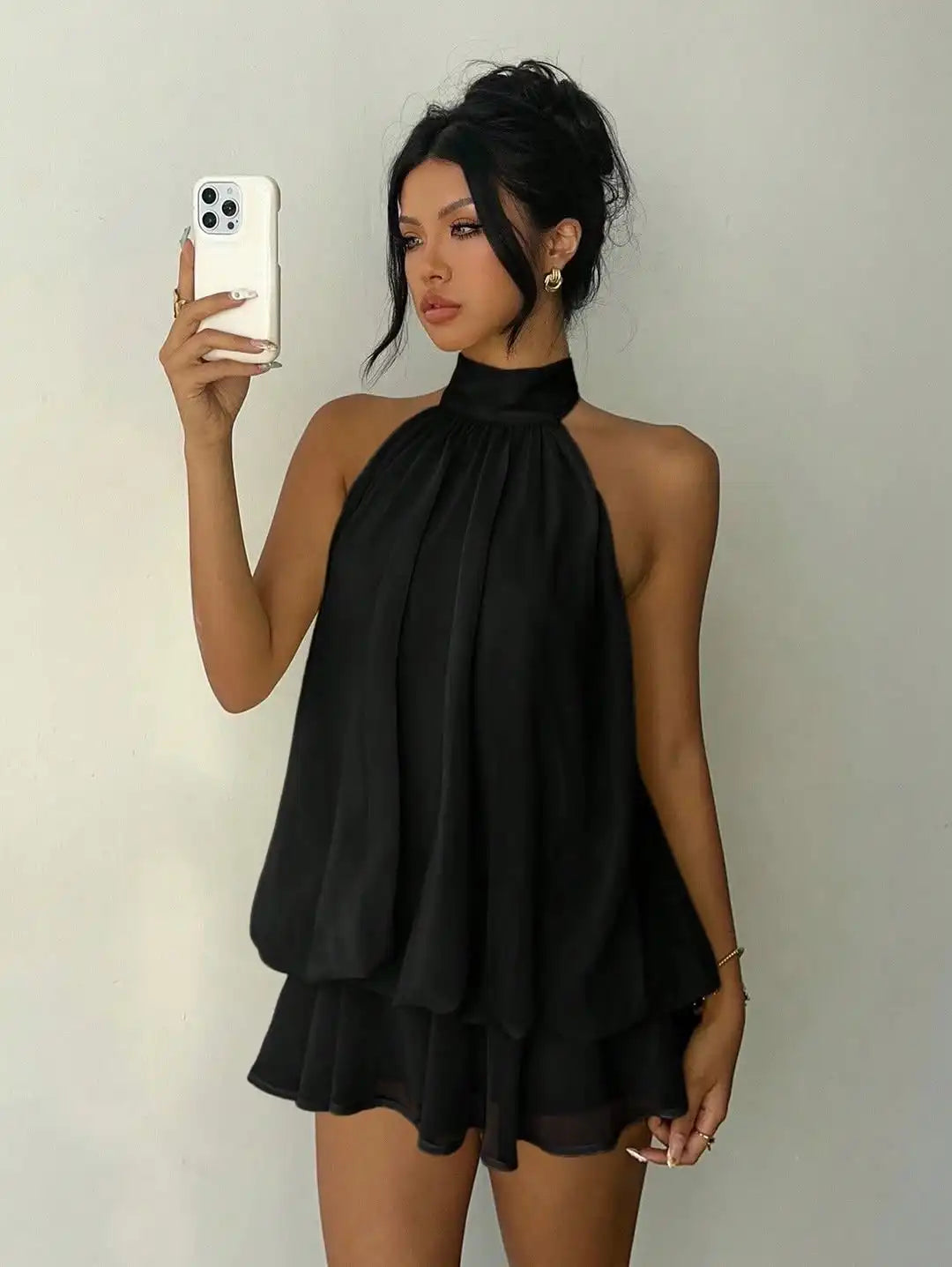 Lady Sexy Backless Halter Chiffon Mini Dress Women Chic Sleeveless Off-shoulder Pleated A-line Dresses New Summer Vacation Gowns