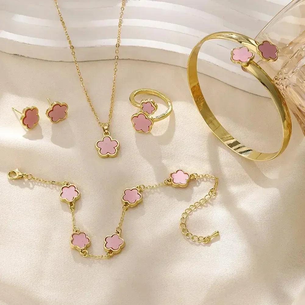 5Pcs Lucky Five-petal Flower Clover Earrings Necklace Ring Bracelet Five-piece for Woman Fashionable Accessories Party Jewelry