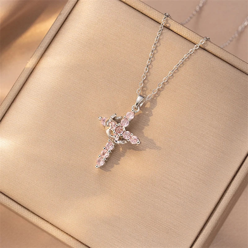 Stainless Steel Chain Copper Cross Pendant Necklace for Women Luxury Zircon Cross Rotatable Crown Necklace Jewelry Drop Shipping