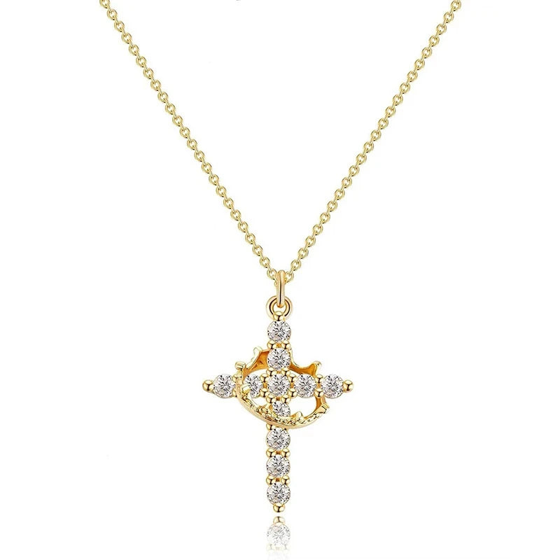 Stainless Steel Chain Copper Cross Pendant Necklace for Women Luxury Zircon Cross Rotatable Crown Necklace Jewelry Drop Shipping