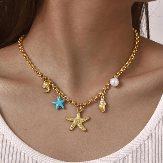 316L Stainless Steel New Fashion Jewelry 18K Gold-plated Tropical Ocean Fish Starfish Conch  Charm Chain Women Choker Necklaces