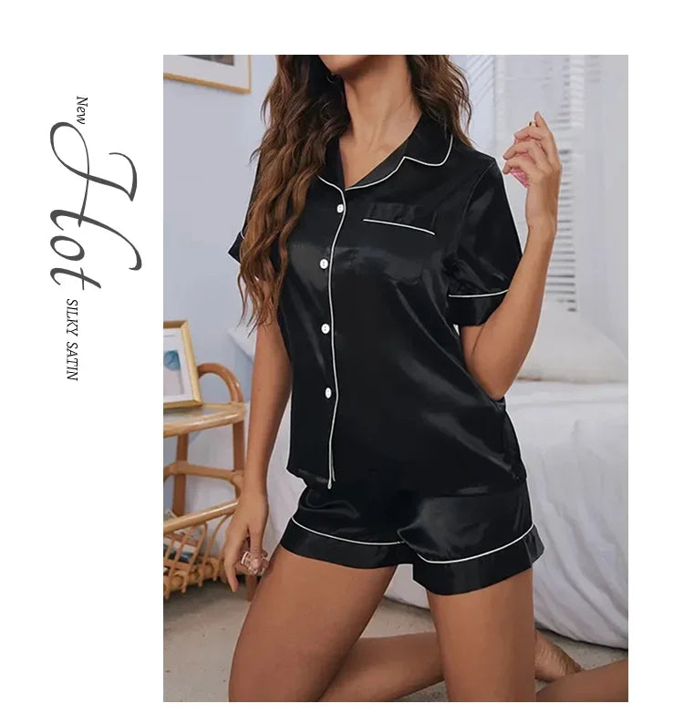 2026 Women Satin Pajamas Set 2-piece Pj Sets Sleepwear Loungewear Button-Down Pajama Women Pajamas Pijama Homewear Shorts Set