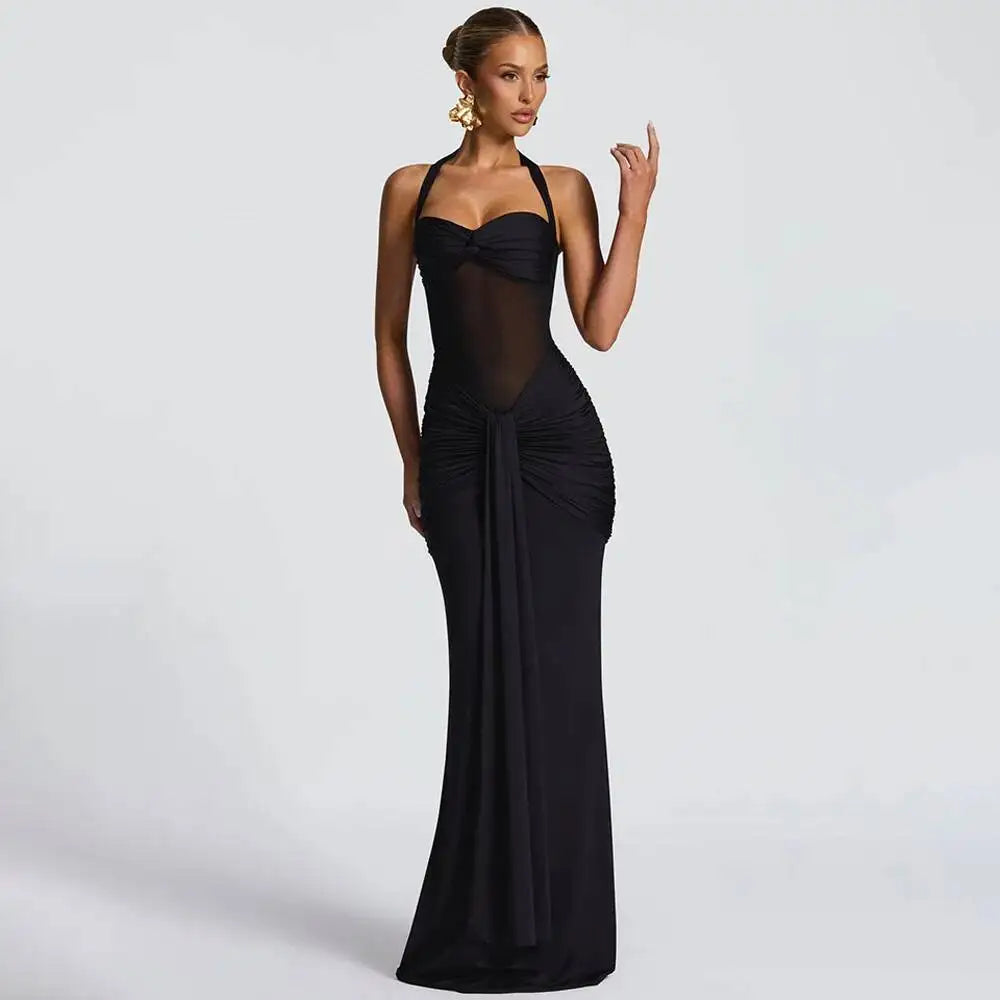Giyu Sexy Evening Club Party Dresses 2025 Women Summer See Through Mesh Maxi Long Dress Bodycon Draped Ruched Mermaid Robe