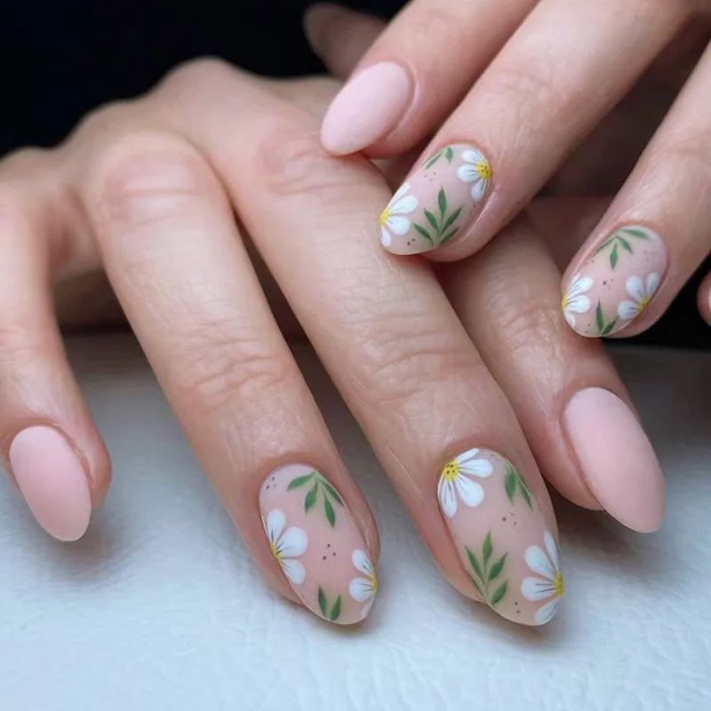 24Pcs Detachable Acrylic False Nails Press On Nail Cute Cherry French Almond Wearable Artificial Fake Nails Full Cover Nail Tips