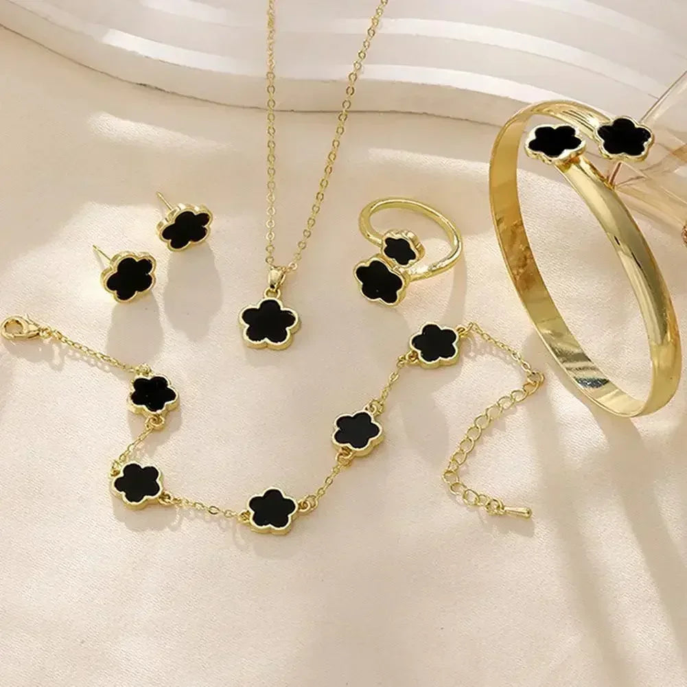 5Pcs Lucky Five-petal Flower Clover Earrings Necklace Ring Bracelet Five-piece for Woman Fashionable Accessories Party Jewelry