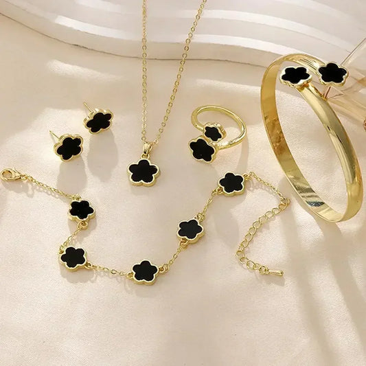 5Pcs Lucky Five-petal Flower Clover Earrings Necklace Ring Bracelet Five-piece for Woman Fashionable Accessories Party Jewelry