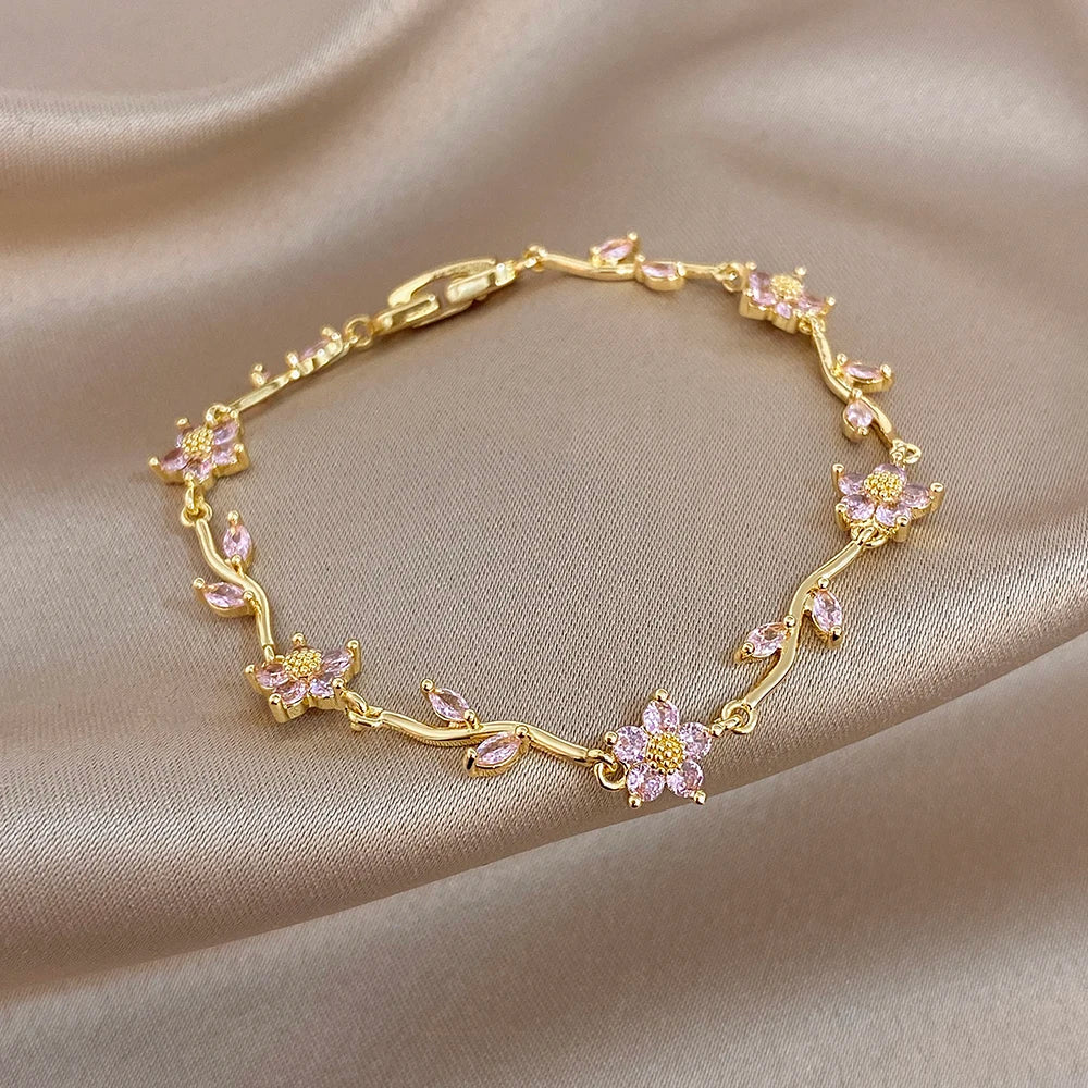 Greatera Tide Multiple Color Flower Rhinestone Branch Leaf Bracelet Dopamine Niche Sense Stainless Steel Women's Bangle Gifts