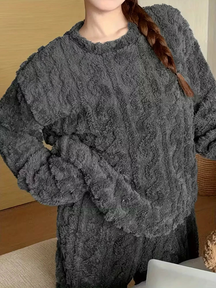 Thickened Warm Sleepwear for Women Flannel Suit with Fleece Lining Ladies Pajamas Sets Homewear Nightwear Warm Long-Sleeve Pants