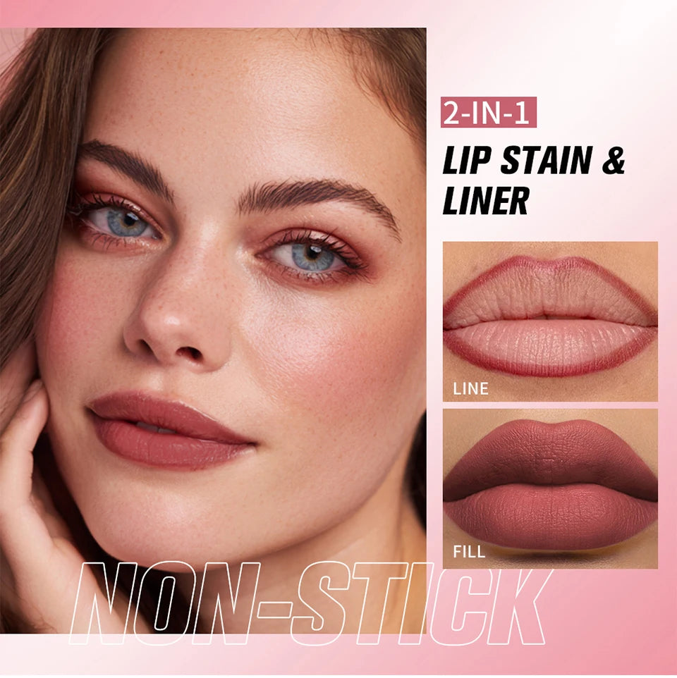 Long-lasting Lip Contour Lip Stain 2 In 1 Smudge-proof Lip Liner Pencil Ultra Pigmented Dual-Sided Design Non-Stick Cup Makeup