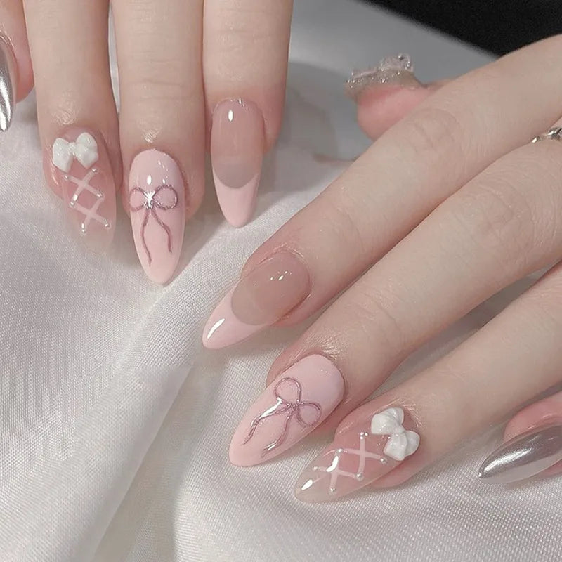24Pcs Detachable Acrylic False Nails Press On Nail Cute Cherry French Almond Wearable Artificial Fake Nails Full Cover Nail Tips