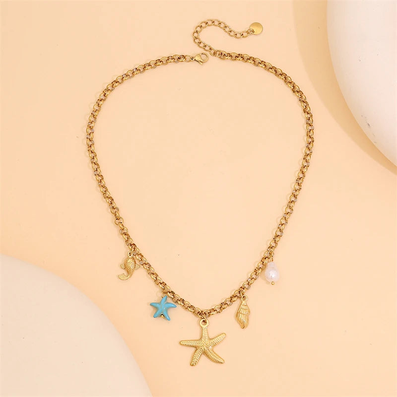 316L Stainless Steel New Fashion Jewelry 18K Gold-plated Tropical Ocean Fish Starfish Conch  Charm Chain Women Choker Necklaces