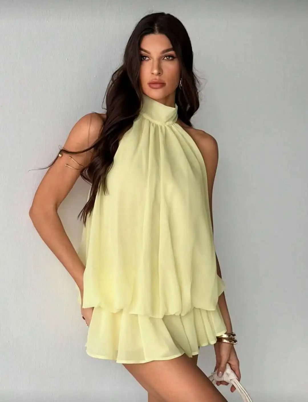 Lady Sexy Backless Halter Chiffon Mini Dress Women Chic Sleeveless Off-shoulder Pleated A-line Dresses New Summer Vacation Gowns