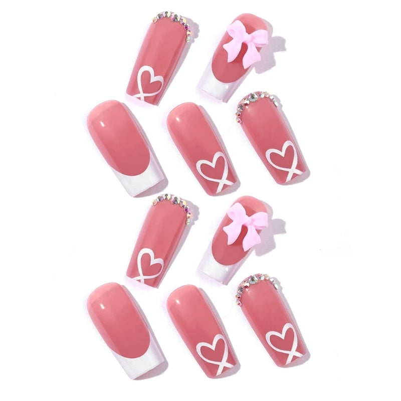 Chic Bows Tie Adorned Press On Nails Medium Long False Nails Full Cover Glossy Nude Square Acrylic False Nails Drop Shipping
