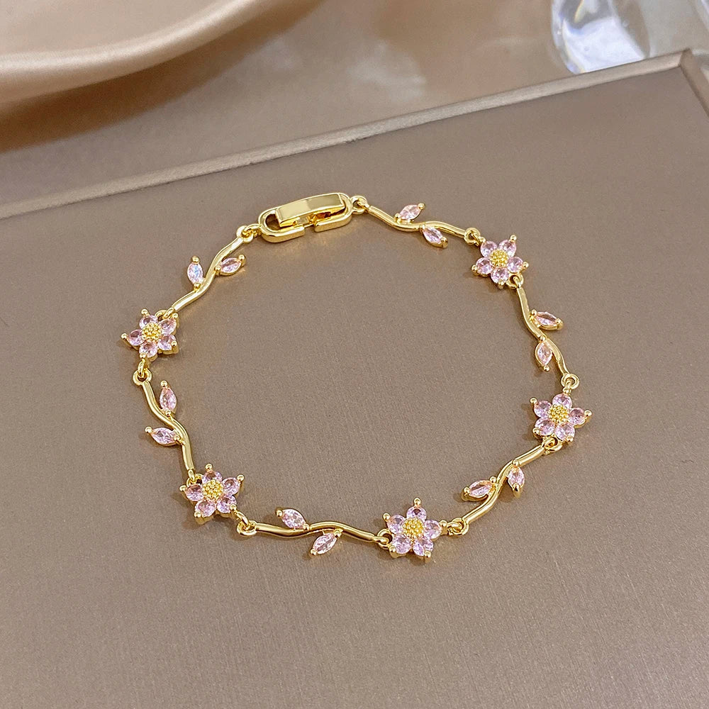 Greatera Tide Multiple Color Flower Rhinestone Branch Leaf Bracelet Dopamine Niche Sense Stainless Steel Women's Bangle Gifts