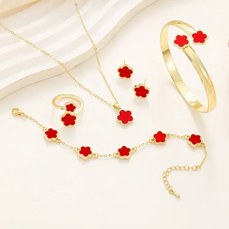 5Pcs Lucky Five-petal Flower Clover Earrings Necklace Ring Bracelet Five-piece for Woman Fashionable Accessories Party Jewelry