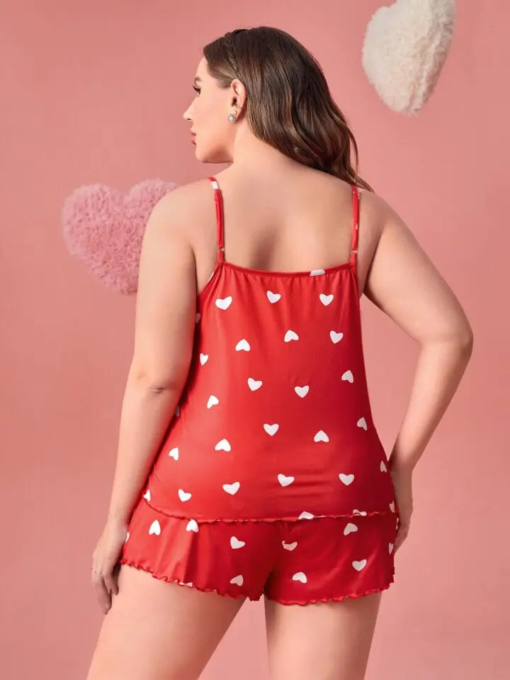 Plus-Size XL-5XL Women Pajama Set Nightgowns Cami Shorts Nightclothes  Sleeveless Nightwear Red Love Print Soft Sleepwear Summer