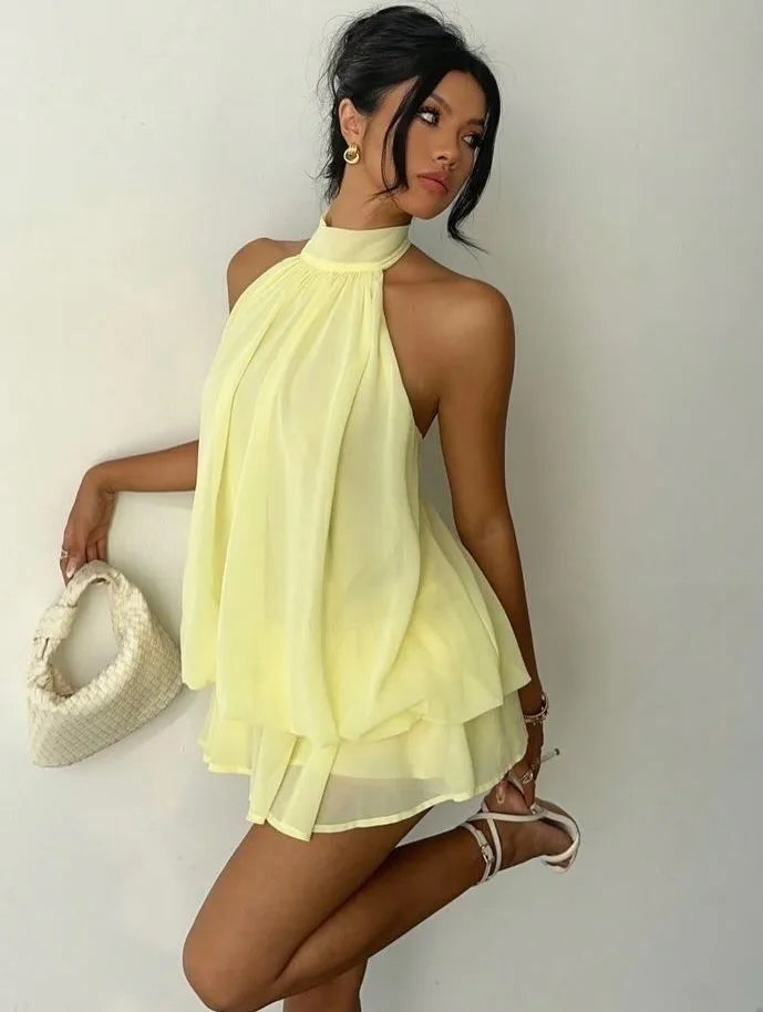 Lady Sexy Backless Halter Chiffon Mini Dress Women Chic Sleeveless Off-shoulder Pleated A-line Dresses New Summer Vacation Gowns