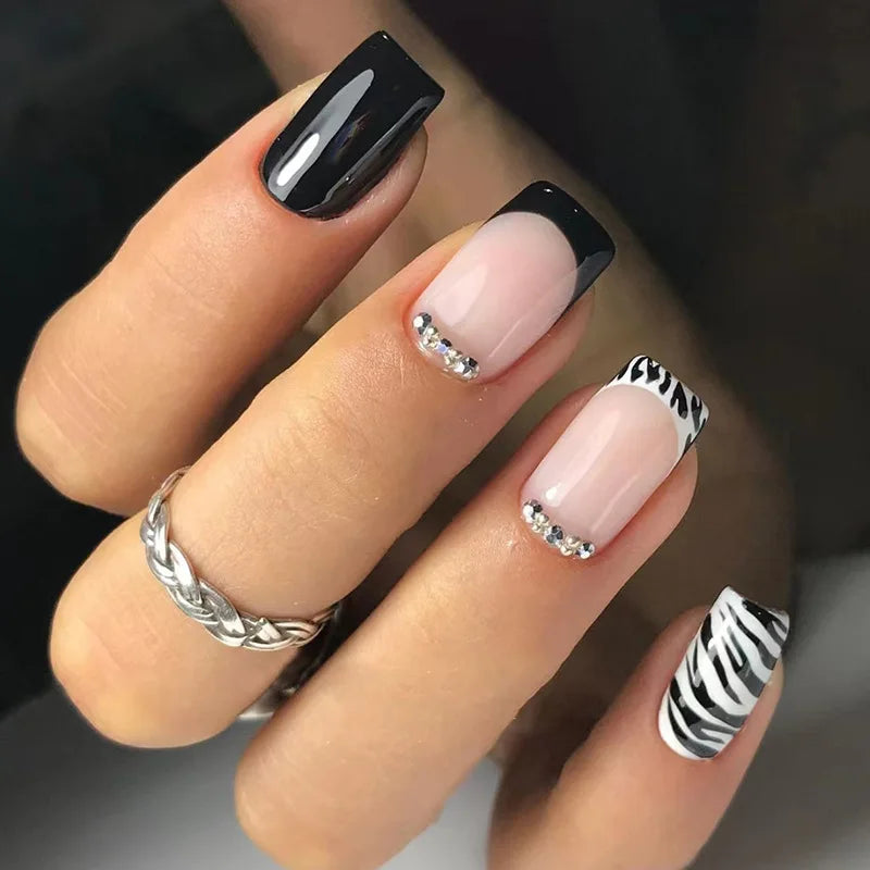 24pcs Press on Nails Short Almond Bowknot Black Press on Nails White Pearl Sweet French Tip Press on Nails Cute Nail Artificial