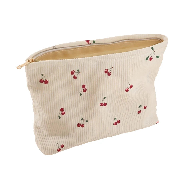 Fashion Cherry Printed Corduroy Makeup Bag Large Capacity Lightweight Zipper Makeup Storage Box Multifunctional Bag with Lining