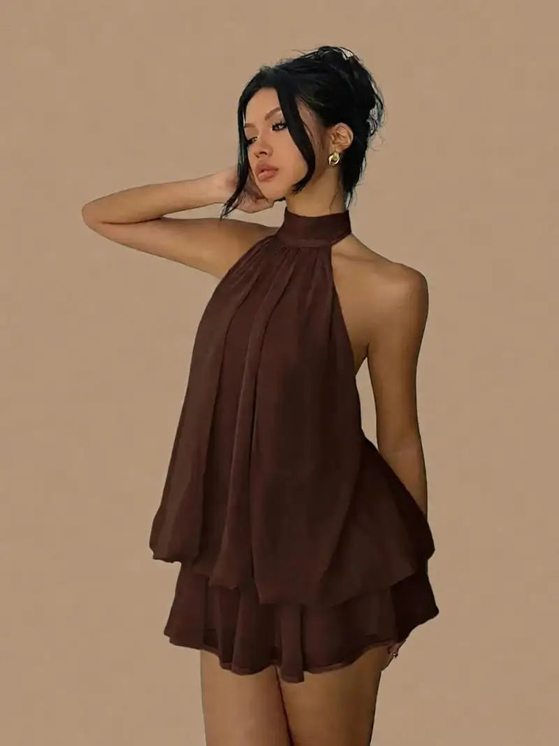 Lady Sexy Backless Halter Chiffon Mini Dress Women Chic Sleeveless Off-shoulder Pleated A-line Dresses New Summer Vacation Gowns