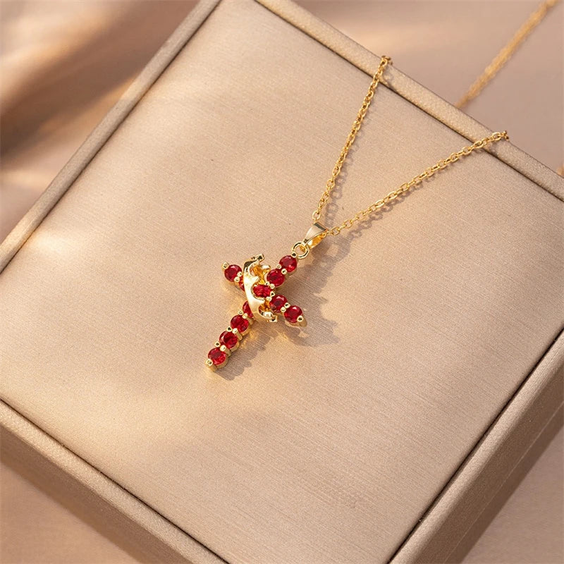 Stainless Steel Chain Copper Cross Pendant Necklace for Women Luxury Zircon Cross Rotatable Crown Necklace Jewelry Drop Shipping