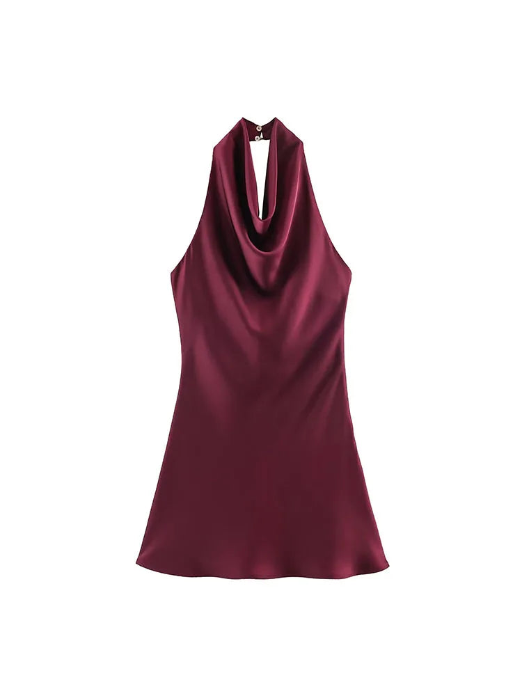2026 Women Summer Halter Mini Dress Fashion Sexy Satin Backless Solid Female Elegant Street Party Dresses Clothing