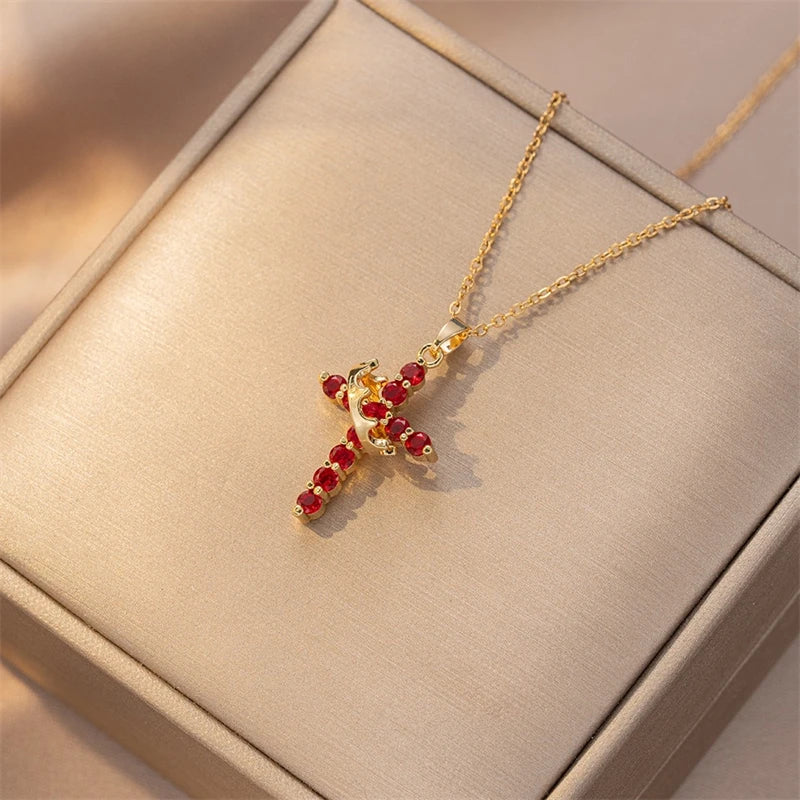 Stainless Steel Chain Copper Cross Pendant Necklace for Women Luxury Zircon Cross Rotatable Crown Necklace Jewelry Drop Shipping