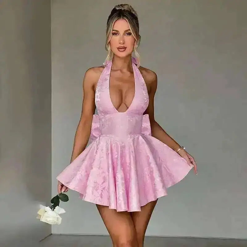 Giyu Club Evening Party Dresses Women 2025 Summer Sexy Bow Halter Long Dress Elegant Jacquard Lace Up Backless Birthday Robe