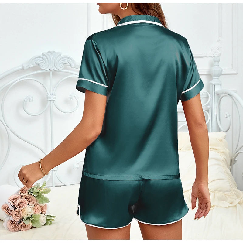 2026 Women Satin Pajamas Set 2-piece Pj Sets Sleepwear Loungewear Button-Down Pajama Women Pajamas Pijama Homewear Shorts Set