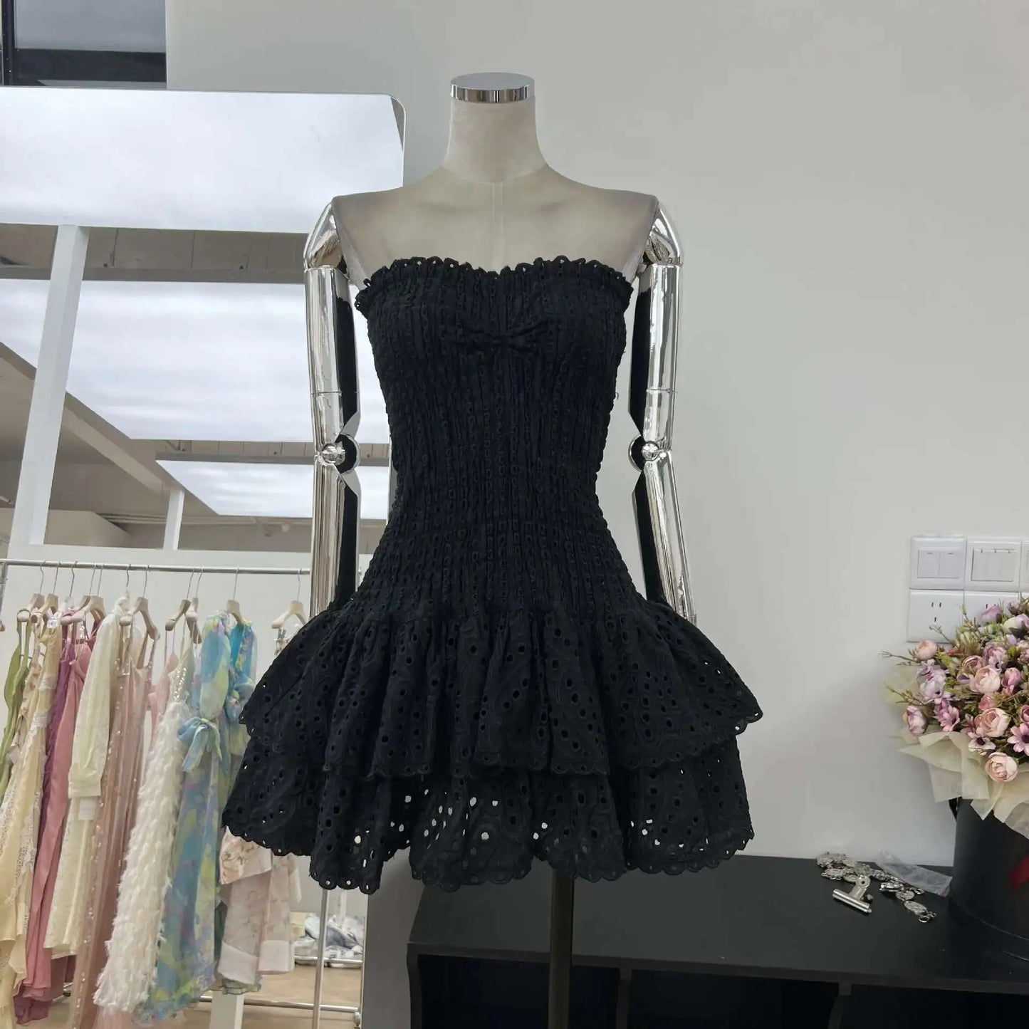 Luxury Embroidery Print Short Dresses Women 2025 Summer Holiday Stretchy Corset Bustier Ruffle Cake Dress Elegant Party Vestidos